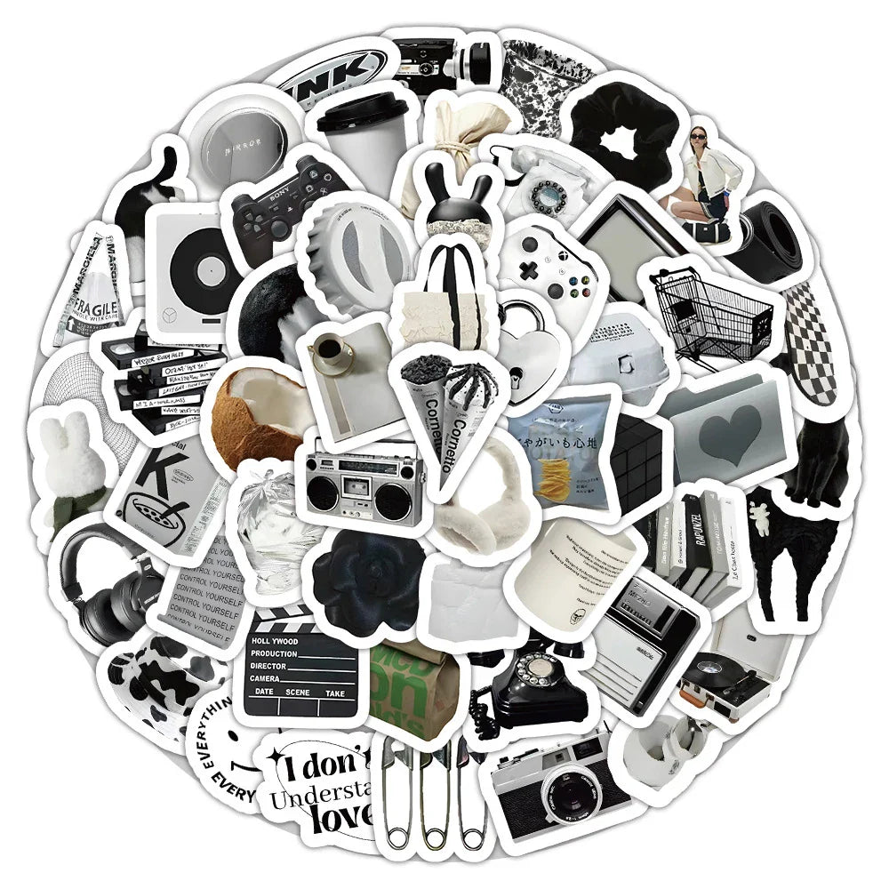 Cartoon Stickers Black White Decals for Skateboard Notebook Phone Fridge (Online Order Only)