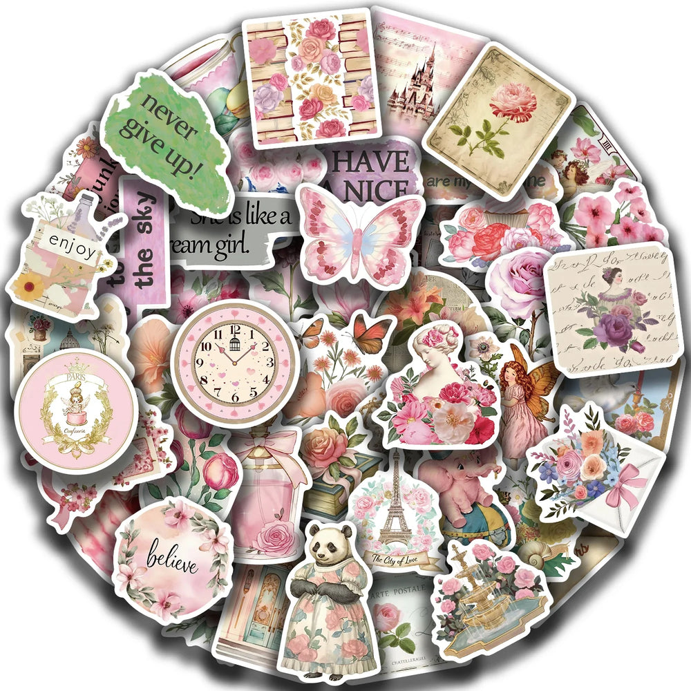 50PCS Retro Pink Collage Doodles Sticker Waterproof Graffiti Sticker Art Picture Luggage Home Scrapbook Cartoon Laptop (ONLINE ORDER ONLY)