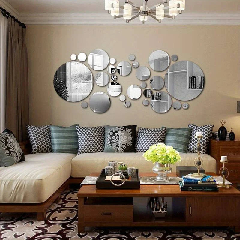 26 PCs 3D Acrylic Mirror Wall Sticker, round Mirror, DIY Bedroom, Bathroom and TV Background Room Sticker Wall Decoration (Online Order Only)