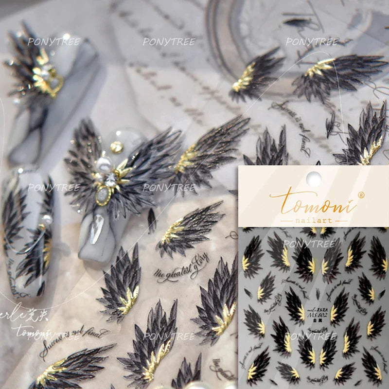 White Black Wings Feather Angel Demon Devil Dreamy Hot Stamping English Letter Adhesive Nail Art Stickers Manicure Tool Decals (Online Order Only)