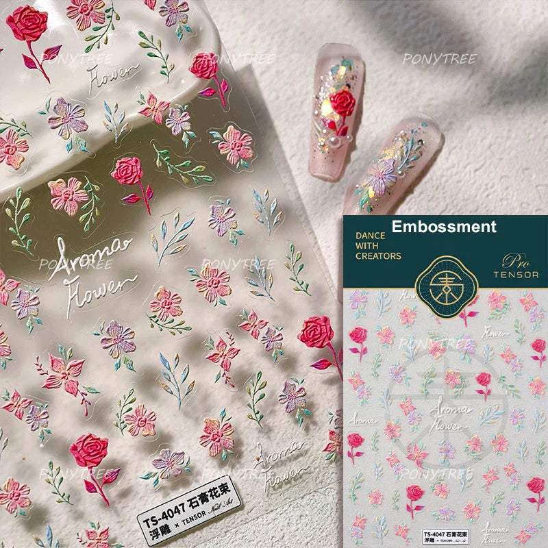 Mountain Daisy Wild Flower Mini Green Leaves White Petal Romantic Embossed Reliefs Adhesive Nail Art Stickers Manicure Decals (ONLINE ORDER ONLY)
