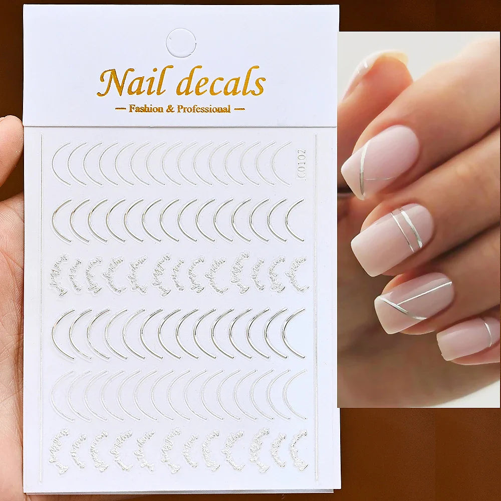 1Pc Laser Silver Gold Lines Stripe Nail Sticker Metal Strip Luxury Nails Slider Self Adhesive Slider Papers Transfer Stickers *& (Online Order Only)