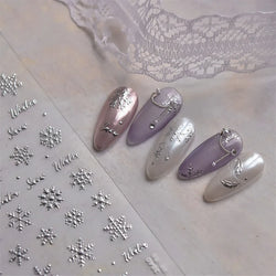 Hot Stamping Romantic White Gold Snowflakes Hexagon Winter 3D Self Adhesive Nail Art Stickers Shiny Rhinestone Manicure Decals (Online Order Only)