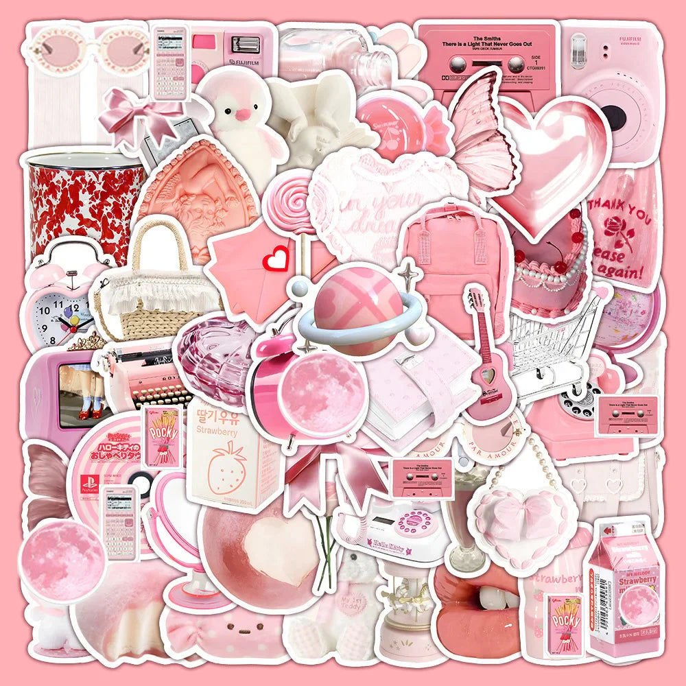 Cute Pink Cartoon Stickers for Fridge, Phone, Notebook, Wall, Kids DIY Toy - 10/30/63pcs (ONLINE ORDER ONLY)