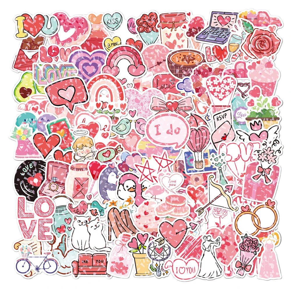 10/30/50/100PCS Valentine's Day Romantic Cartoon Stickers Holographic Laser Decals Graffiti Toy DIY Notebook Phone Gift For Love (ONLINE ORDER ONLY)