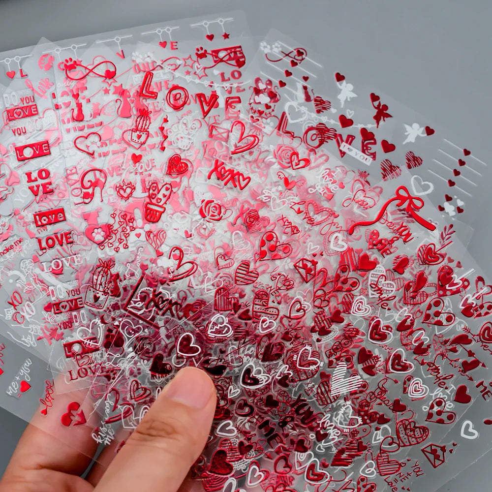 12 Sheets Valentines Nail Stickers Red Heart Nail Art Sticker Decal Solid Hollow Heart 3D Self-Adhesive Design Nail Art Supplies (ONLINE ORDER ONLY)