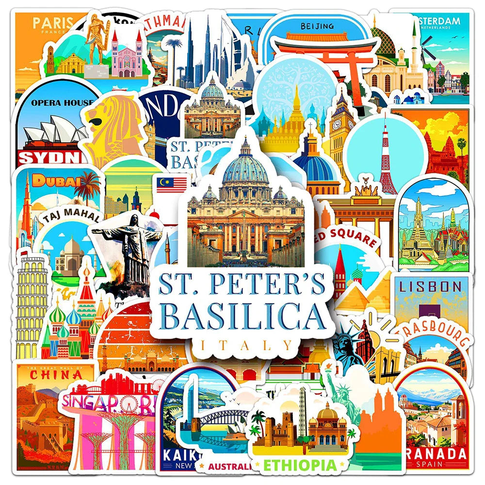 10/30/50pcs Travel City Landmark Building Cartoon Stickers Fridge Laptop Phone Notebook Skateboard Fridge Funny Graffiti Sticker (Online Order Only)