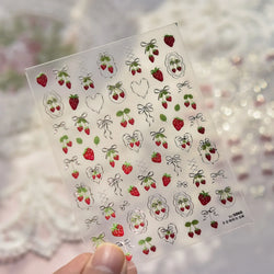 Lovely Red Fruit Strawberry Cherry Bowknot Love Heart Star Silk Ribbon Chic Rhinestone Adhesive Nail Art Stickers Manicure Decal (ONLINE ORDER ONLY)