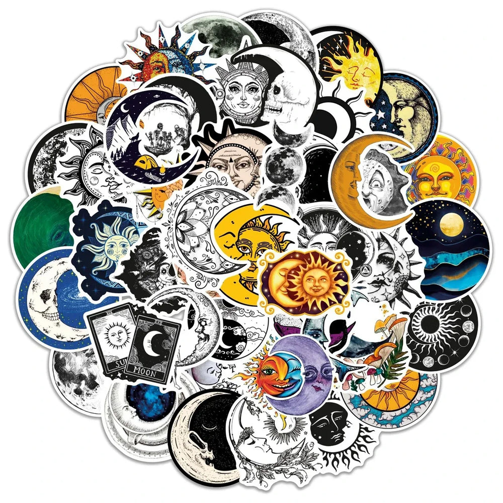 10/50pcs Cool Gothic Moon Sun Art Stickers Aesthetic Graffiti Decals DIY Scrapbooking Luggage Guitar Car Decoration Sticker Toy (Online Order Only)