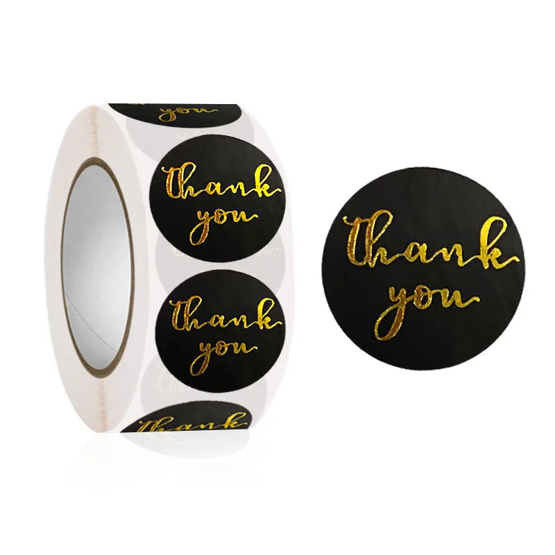 1" Black Gold Foil Thank You Stickers Roll for Wedding, Envelope, Bake Seal 100-500 Pcs (Online Order Only)