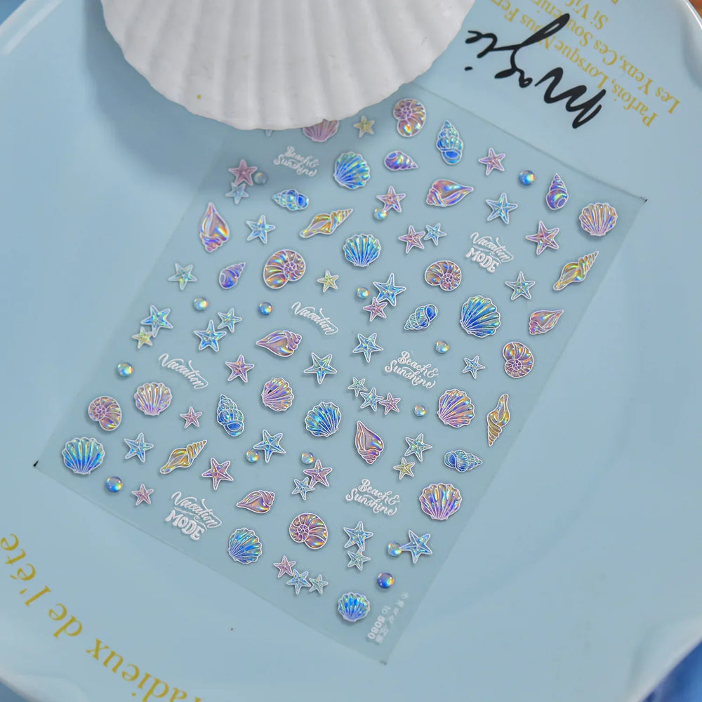 Hot Stamping Laser Shell Conch Starfish Pearl Whale Coral Dolphin Summer Beach Sea Wave Jellyfish Bubble Nail Art Stickers Decal (ONLINE ORDER ONLY)