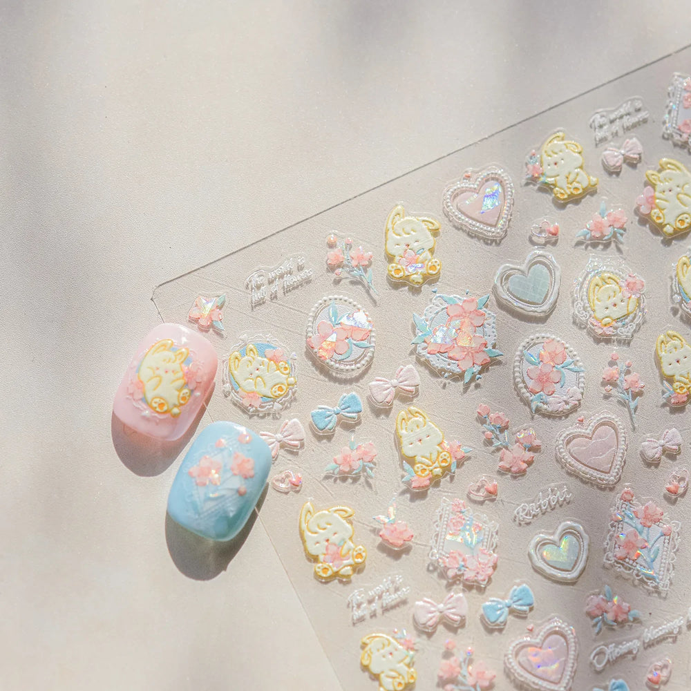 Peach Blossom Flower Yellow Rabbit Bunny Love Heart Delicate Totem 5D Self Adhesive Nail Art Stickers Rhinestone Manicure Decals (ONLINE ORDER ONLY)
