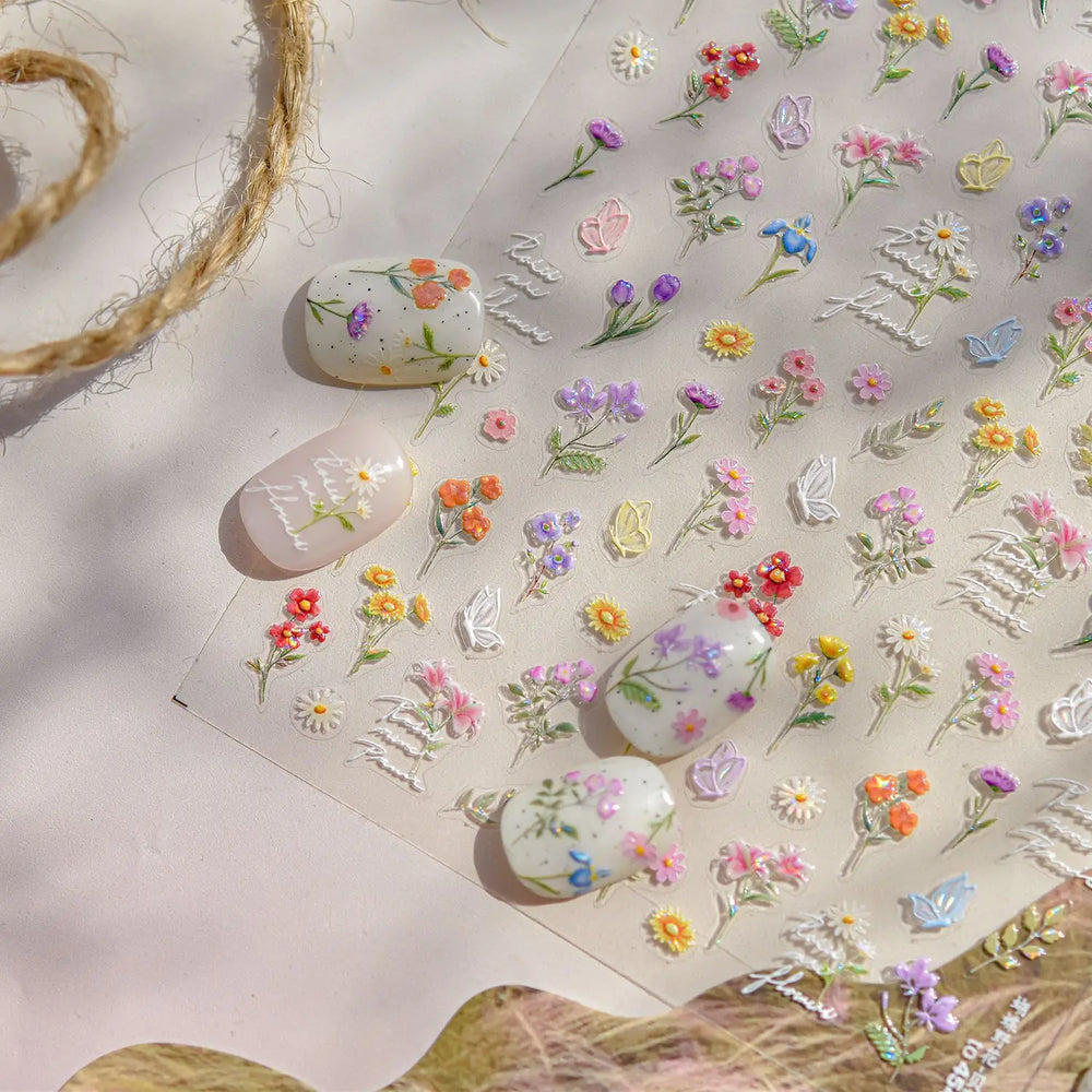 Dried Flower Lavender Bowknot Peony Pomegranate Flowers Bouquet Rose Chic Reliefs Self Adhesive Nail Art Stickers Manicure Decal (ONLINE ORDER ONLY)
