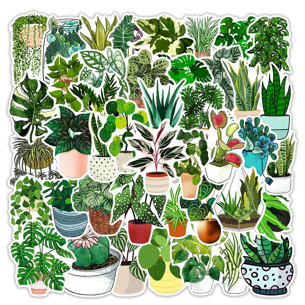 Cartoon Green Plant Stickers for Laptop, Luggage, Phone, Scrapbook, DIY Decor (Online Order Only)