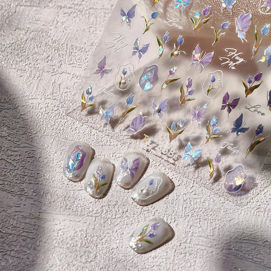 Tulips Flower Letter Bowknot Butterfly Irregular Lines Pearl Tender 5D Adhesive Nail Art Stickers Manicure Decals Stick on Nail (ONLINE ORDER ONLY)