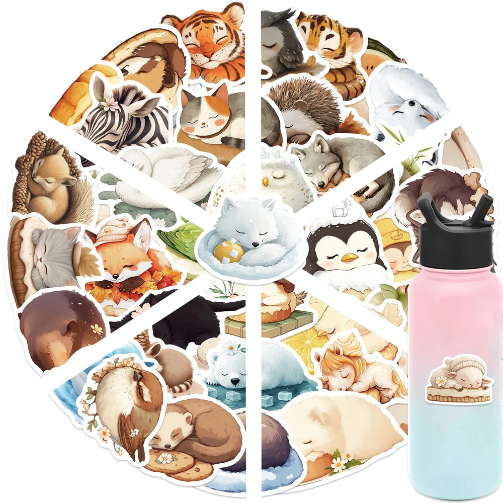 50pcs Sleeping Animals Cartoon Stickers Perfect for Scrapbooking Diaries Laptops Bumpers Water Bottles Computers Phones Sticker (Online Order Only)