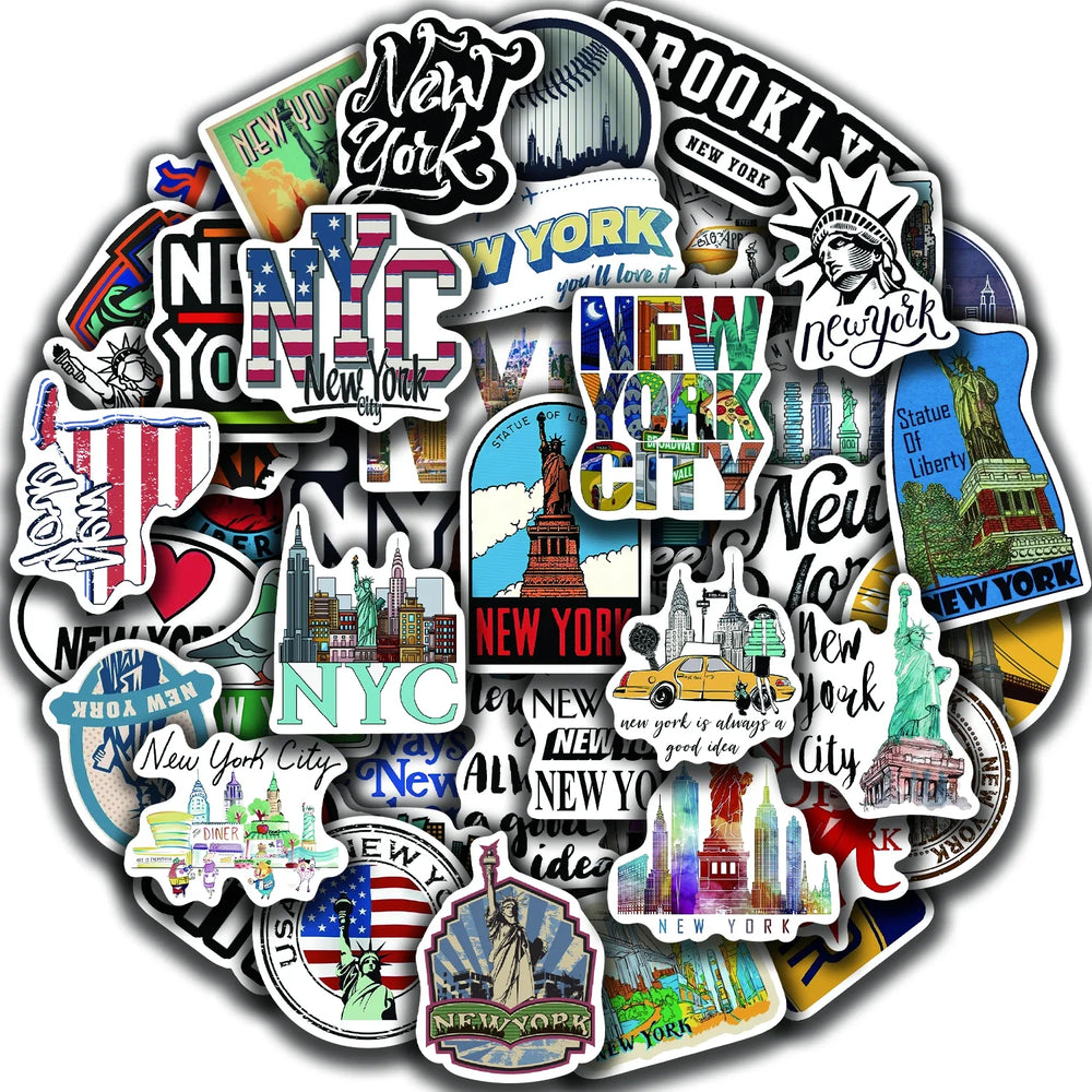 50Pcs New York Stickers America Kawaii Cartoon Decal For Skateboard Bicycle Guitar Laptop Kids Waterproof Stiker Toys (ONLINE ORDER ONLY)