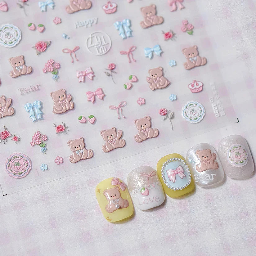 Charming Cherry's Cake Cute Bowknot Pink Blue Bear Flower Bouquet Strawberry Adhesive Nail Art Sticker Rhinestone Manicure Decal (Online Order Only)