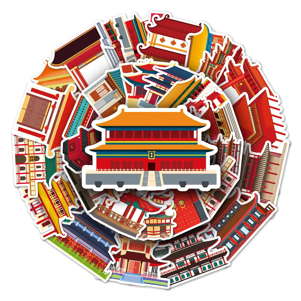 10/50pcs Antique Building House Stickers Personalized Chinese Style Stickers DIY Mobile Phone Case Suitcase Stickers Waterproof (Online Order Only)