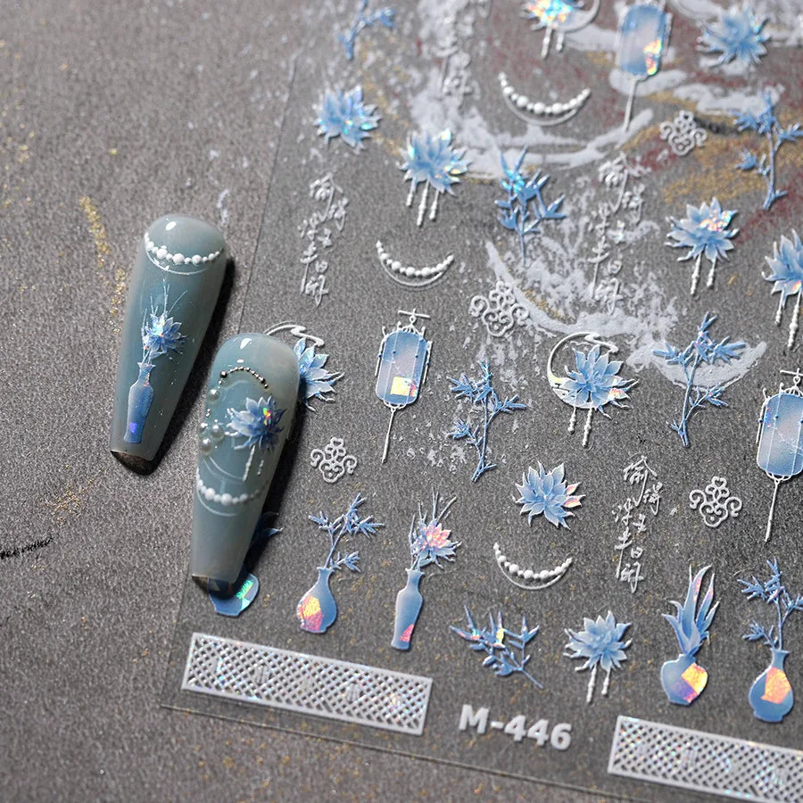Retro Blue Lotus Flower Arrangement Vase Lantern Totem Pattern Bamboo Leaf Self Adhesive Nail Art Stickers Shiny Manicure Decals (ONLINE ORDER ONLY)