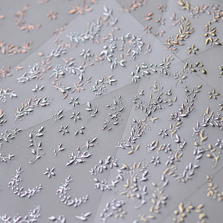 Hot Stamping Silver Rose Gold Tender Leaf Branches Flower Slash Leaves Maple Leaves Ginkgo Plant Flower Nail Art Stickers Decals (ONLINE ORDER ONLY)