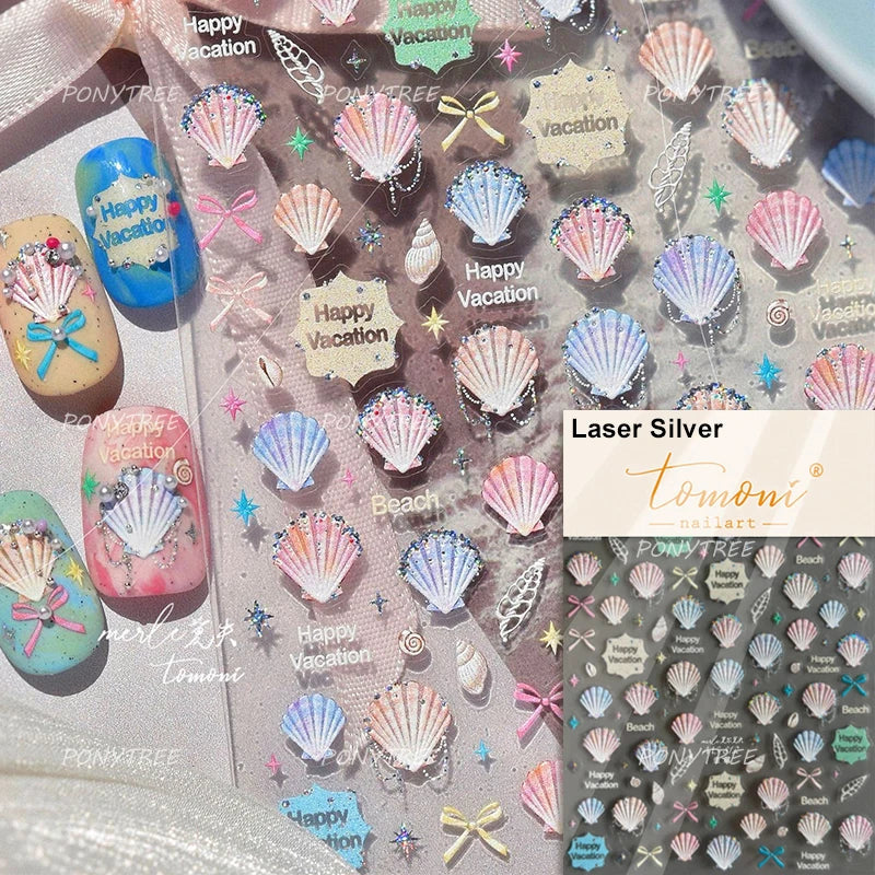 Hot Stamping Laser Shell Conch Starfish Pearl Whale Coral Dolphin Summer Beach Sea Wave Jellyfish Bubble Nail Art Stickers Decal (ONLINE ORDER ONLY)