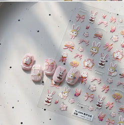 Cute Rabbit Fan Peach Blossom Teacup Lollipop Strawberry Star Cherry Hat Soft Embossed Adhesive Nail Art Stickers Manicure Decal (ONLINE ORDER ONLY)