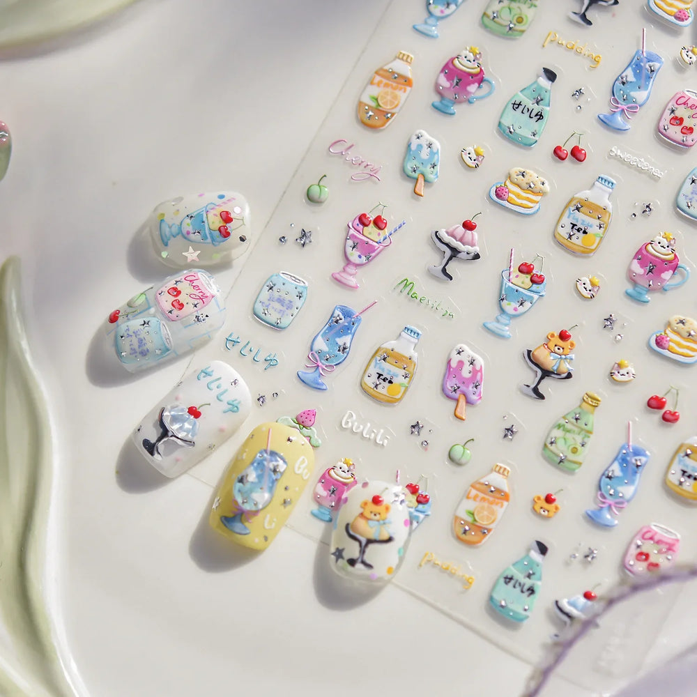 Soda Fruit Beverage Bottle Bear Watermelon Popsicle Dessert Ice Cream Cat Cherry Strawberry Bow Summer Nail Art Stickers Decals (ONLINE ORDER ONLY)