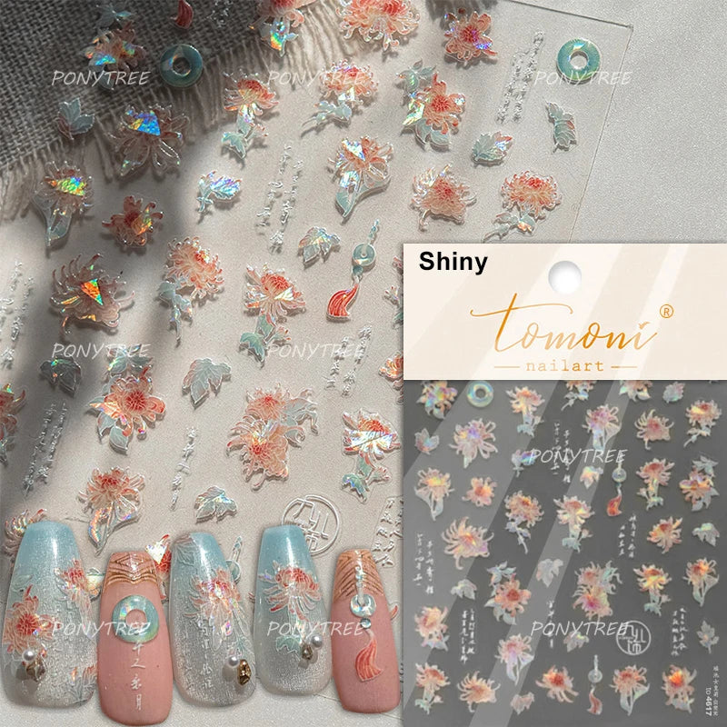 Antique Changle Flower Chrysanthemum Jade Pendant Feathers Green Leaf Adhesive Nail Art Stickers Flat Embossment Manicure Decals (Online Order Only)