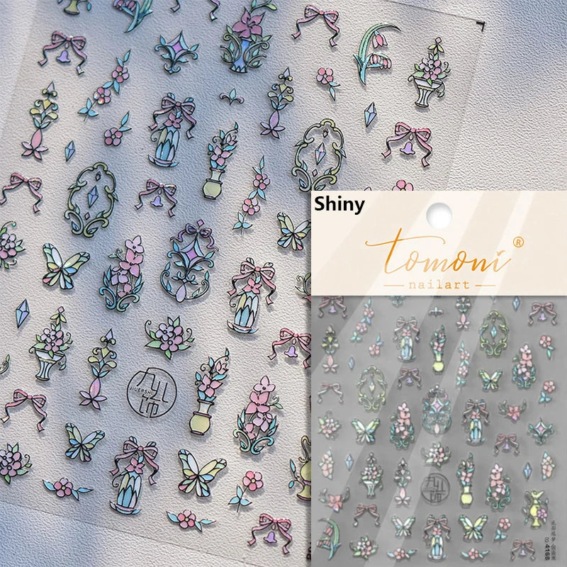 Retro Shiny Glazed Rococo Flower Window Dreamy Butterfly Geometric Frame Stamp Embossed Reliefs Nail Art Stickers Manicure Decal (Online Order Only)
