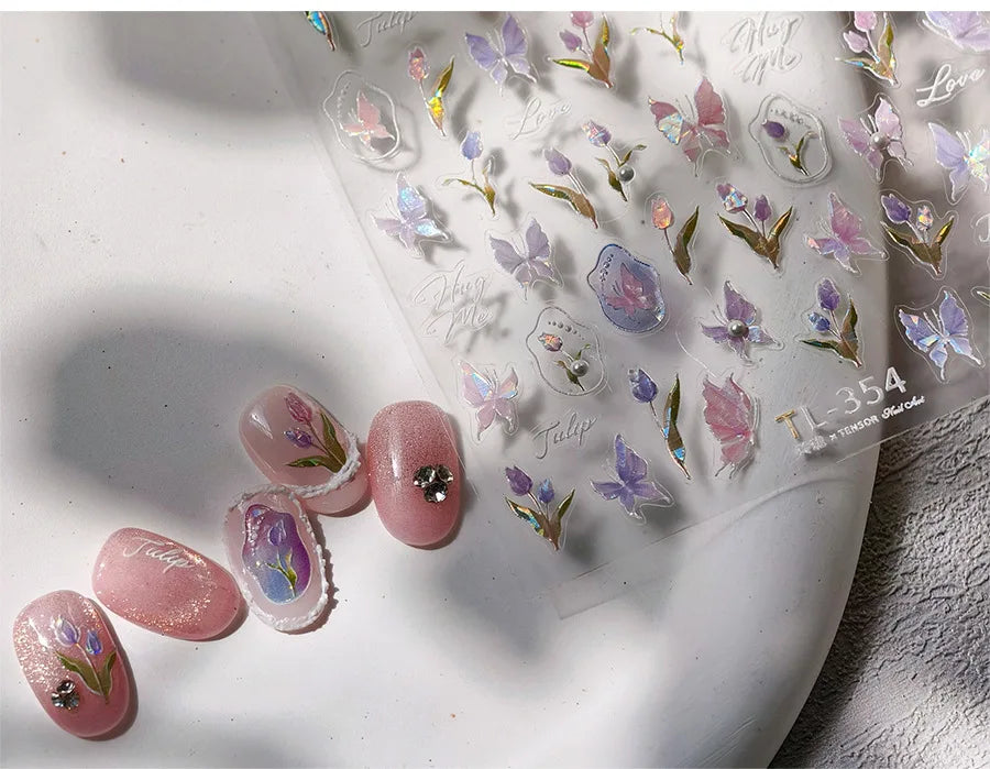 Tulips Flower Letter Bowknot Butterfly Irregular Lines Pearl Tender 5D Adhesive Nail Art Stickers Manicure Decals Stick on Nail (ONLINE ORDER ONLY)