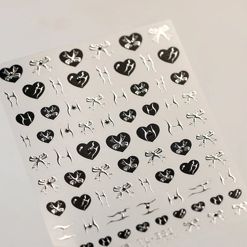 Black Silver Bowknot Love Heart Lace Irregular Line Lava Chic Self Adhesive Nail Art Stickers Embossed Reliefs Manicure Decals (Online Order Only)