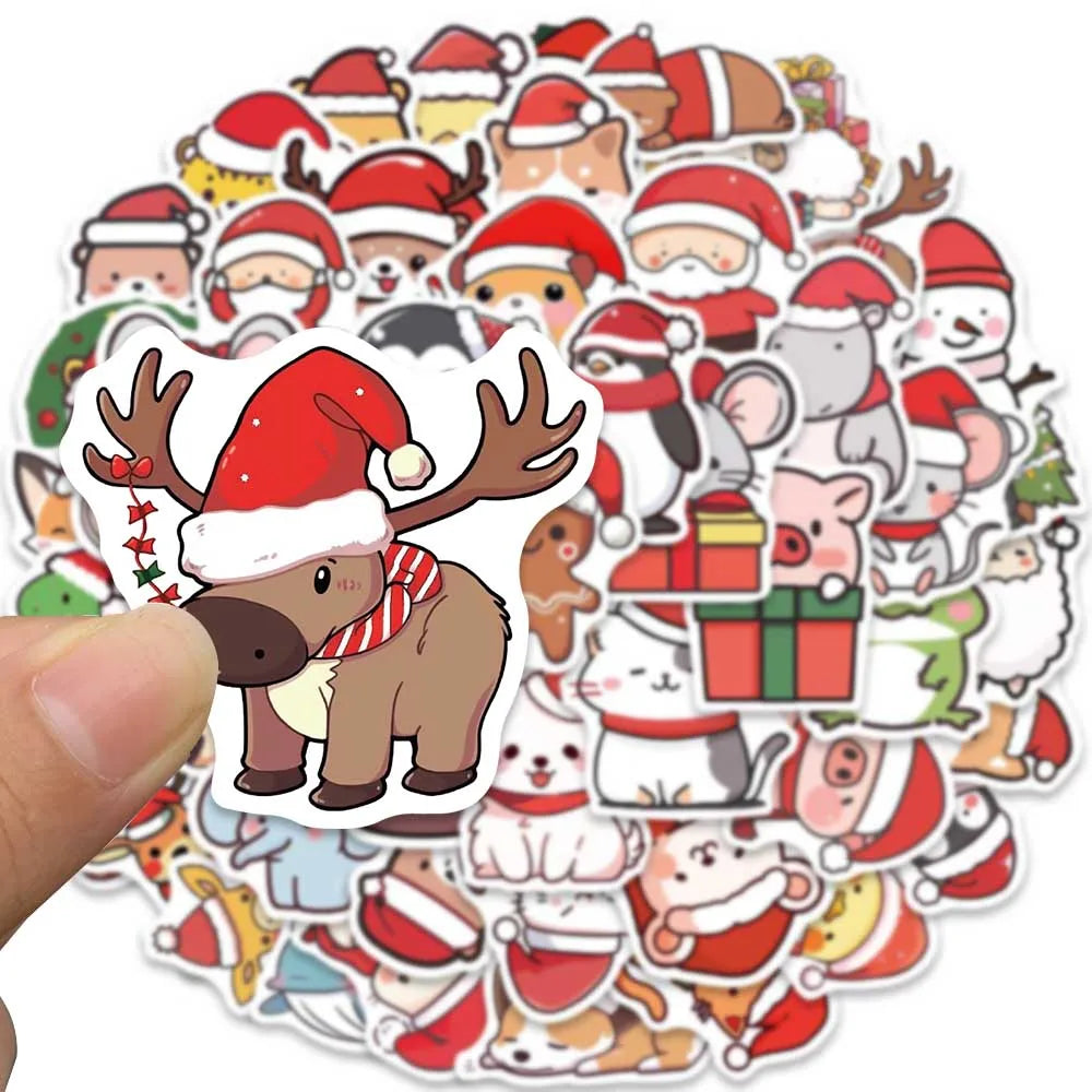 50pcs Cute Cartoon Merry Christmas Animals Stickers For Laptop Water Bottle Luggage Guitar Waterproof Graffiti Vinyl Decals (ONLINE ORDER ONLY)