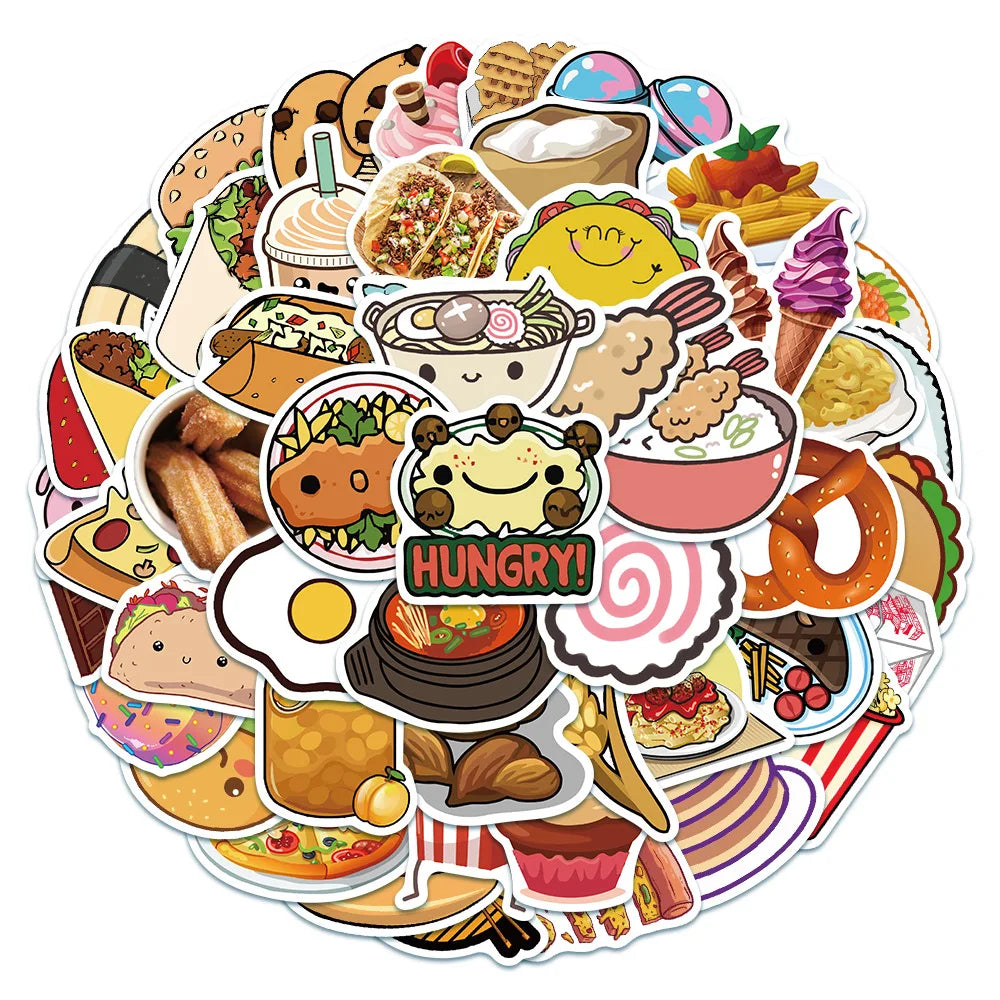 50Pcs Cartoon Gourmet Food Graffiti Stickers For Children Toys Luggage Laptop iPad Skateboard Notebook Stickers Wholesale (ONLINE ORDER ONLY)