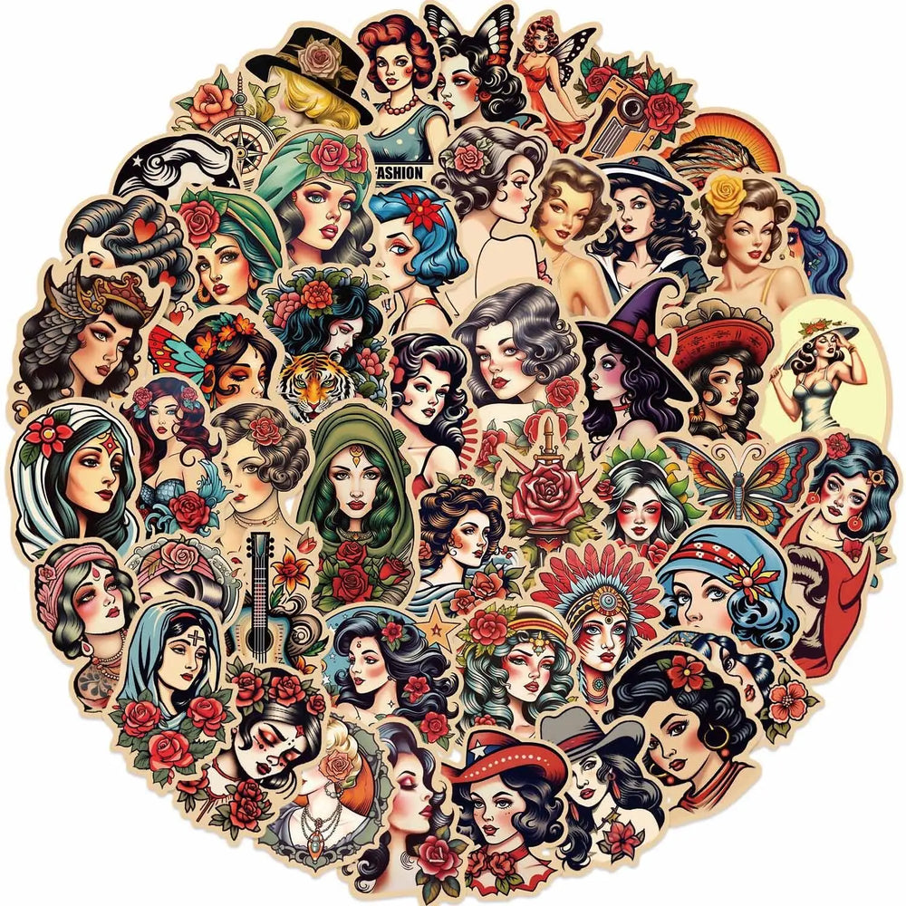 10/50pcs Retro Sexy Pin Up Tattoo Girl Stickers DIY Motorcycle Skateboard Laptop Phone Luggage Decals Car Styling Sticker Toy (ONLINE ORDER ONLY)