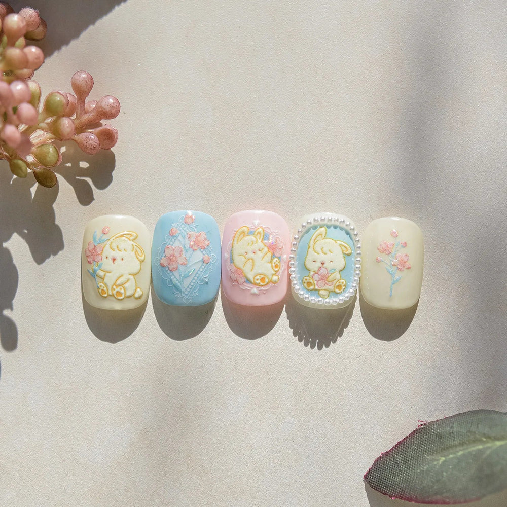 Peach Blossom Flower Yellow Rabbit Bunny Love Heart Delicate Totem 5D Self Adhesive Nail Art Stickers Rhinestone Manicure Decals (ONLINE ORDER ONLY)