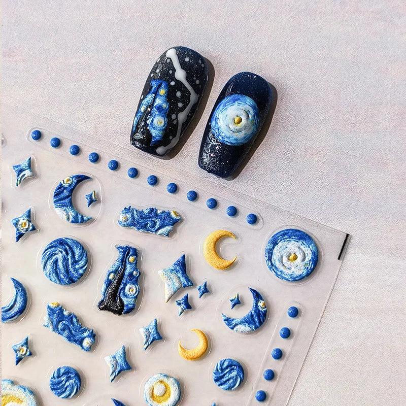 Starlit Sky Star Moon Oil Painting Colour Abstract Planet High Saturation Self Adhesive Nail Art Stickers Dreamy Manicure Decals (ONLINE ORDER ONLY)