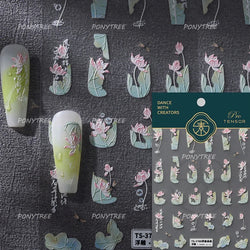 Retro Blue Lotus Flower Arrangement Vase Lantern Totem Pattern Bamboo Leaf Self Adhesive Nail Art Stickers Shiny Manicure Decals (ONLINE ORDER ONLY)