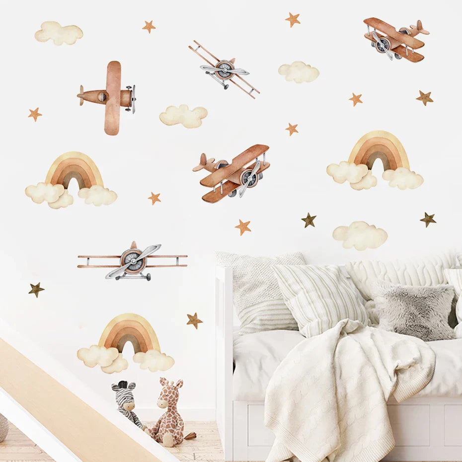 Boho Cute Airplane Rainbow Star Nursery Wall Decals Kids Room Decor (Online Order Only)
