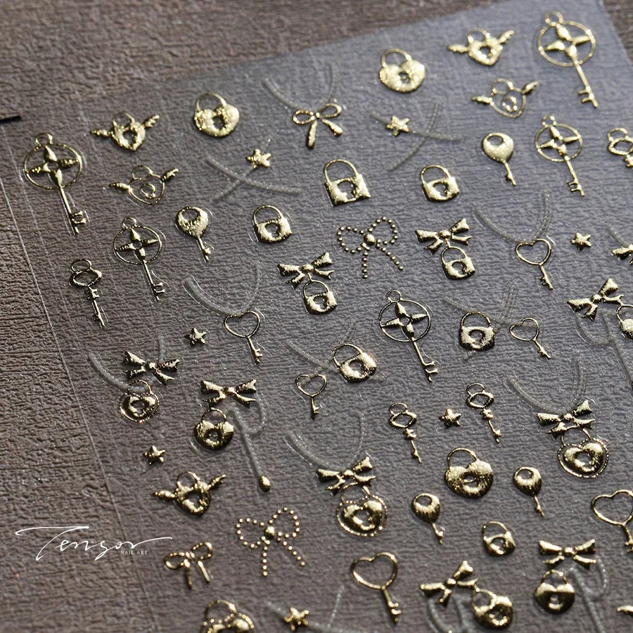Black Silver Gold Dark Rococo Line Bowknot Wing Key Love Lock Star Tassel Pendant Heart Adhesive Nail Art Sticker Manicure Decal (ONLINE ORDER ONLY)