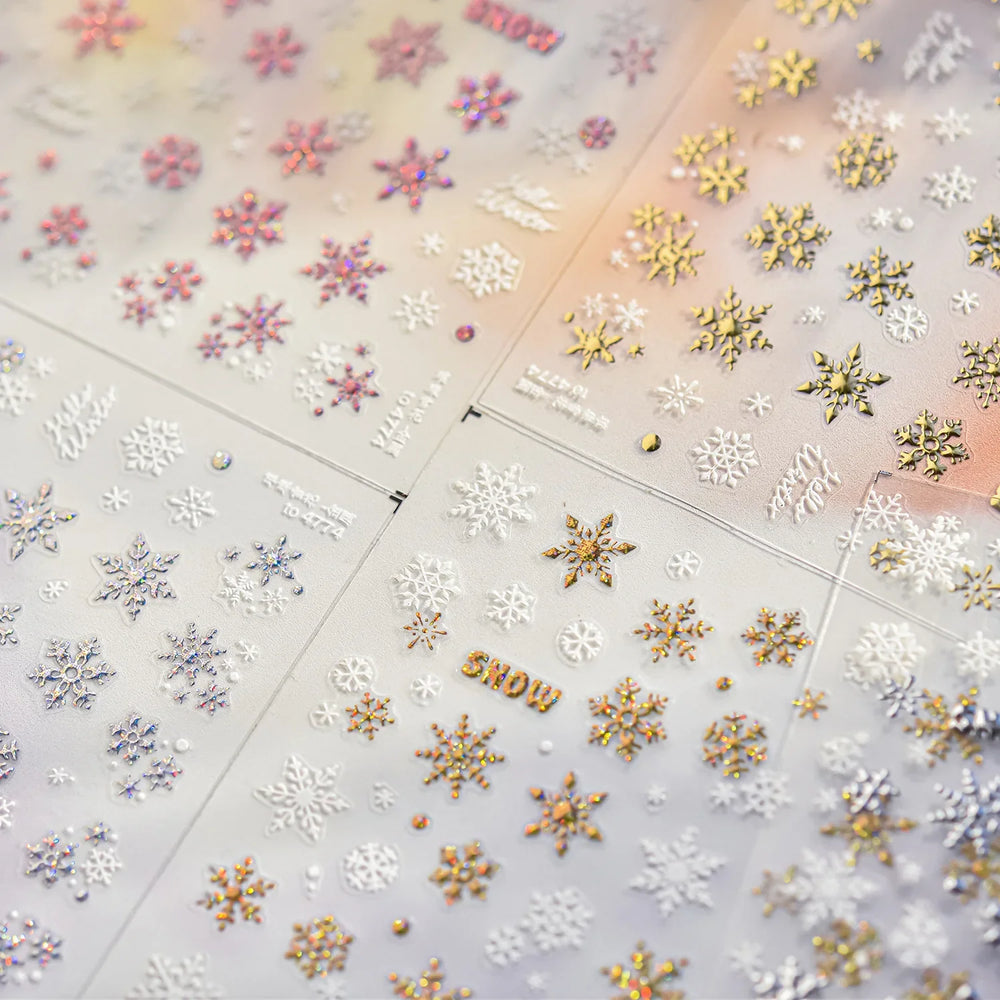 Shiny Snow Delicate Gold Pink Silver White Romantic Winter Self Adhesive Nail Art Stickers Snowflake Rhinestone Manicure Decals (ONLINE ORDER ONLY)