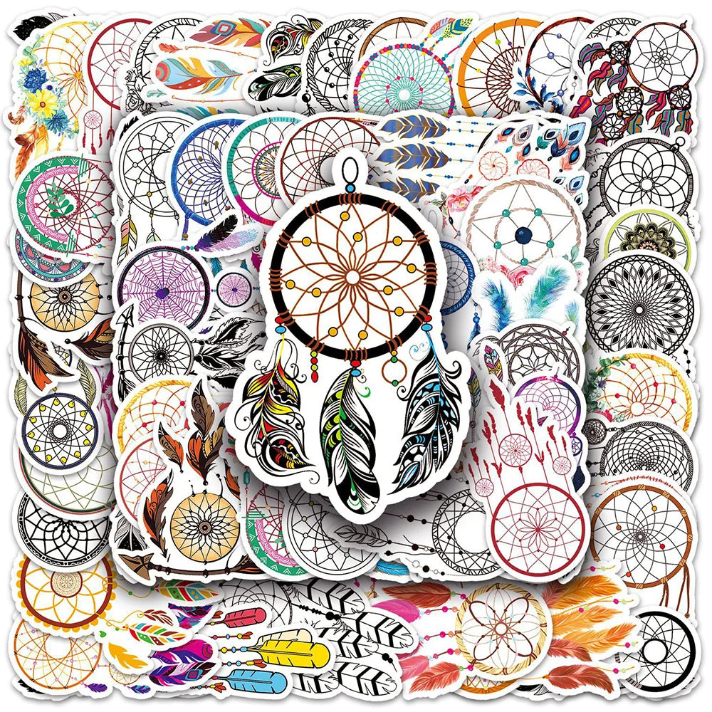 Funny Cartoon Vintage Bohemian Dreamcatcher Aesthetic Stickers Pack - Laptop, Luggage, Guitar, Scrapbook, Waterproof (ONLINE ORDER ONLY)