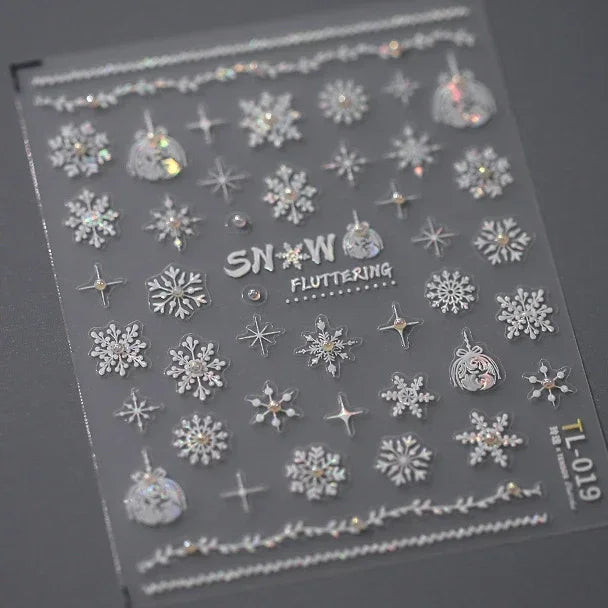Shiny White Pink Blue Gold Snowflakes Hexagon Water Bubbles Winter 5D Self Adhesive Nail Art Stickers Rhinestone Manicure Decals (ONLINE ORDER ONLY)