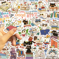 60Pcs Cat and Book with Motivational Phrase Sticker Pack DIY Scrapbook Decorative Stickers For Water Bottle Car Cup Computer (Online Order Only)