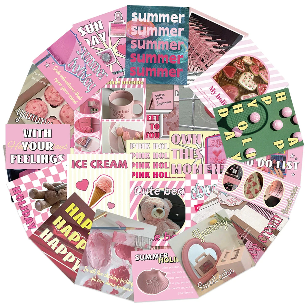 30Pcs Pink Holiday Stickers Aesthetic Art PVC Decals Scrapbooking Label Diary Stationery Computer Refrigerator (ONLINE ORDER ONLY)