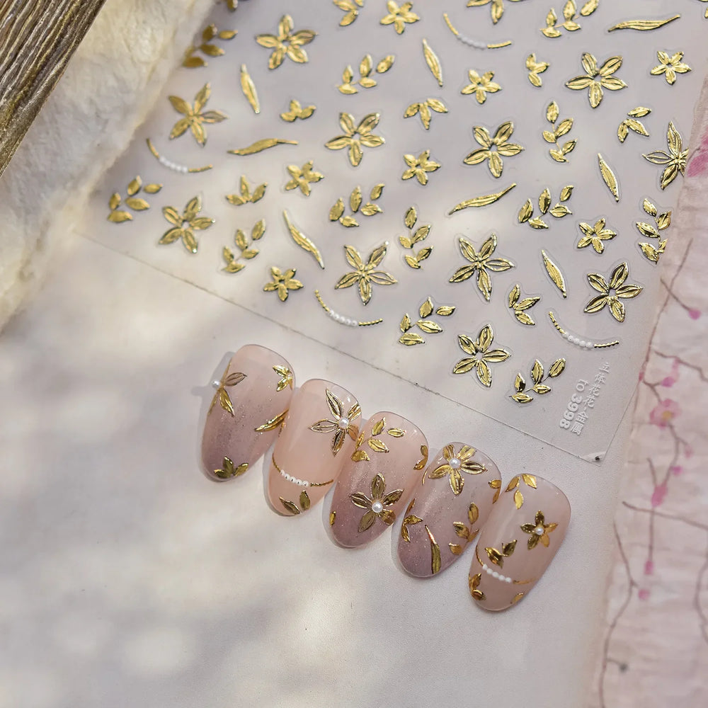 Gold Hot Stamping Flowers Leaves 3D 5D Pearl Bead Delicate Self Adhesive Nail Art Decorations Stickers Manicure Decals Wholesale (Online Order Only)