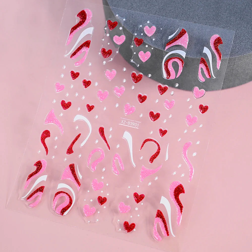 1Pc Red Pink White Heart Bow Nail Art Stickers with Glitter Sequins 5D Self Adhesive Nail Decorations Slider Decals DIY Manicure (ONLINE ORDER ONLY)