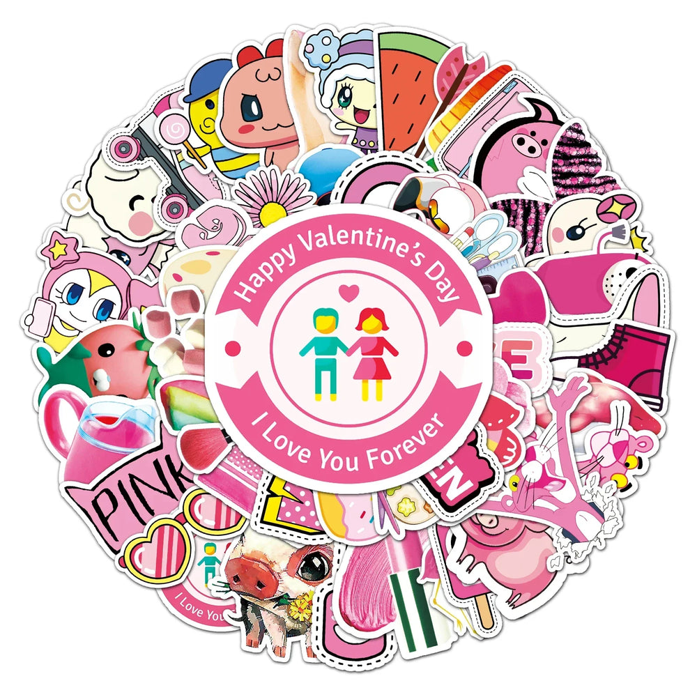 50Pcs Pink Cartoon Waterproof Vinyl Stickers for Skateboard Snowboard Decals (Online Order Only)