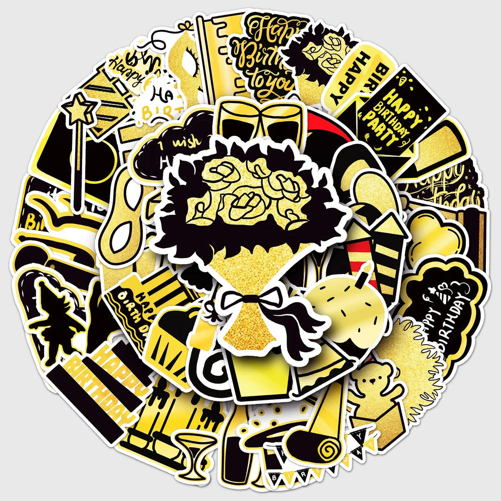 50Pcs Birthday Black Gold Series Cartoon Cute Waterproof Sticker Skateboarding Snowboard Retro Vinyl home decal Sticker (ONLINE ORDER ONLY)