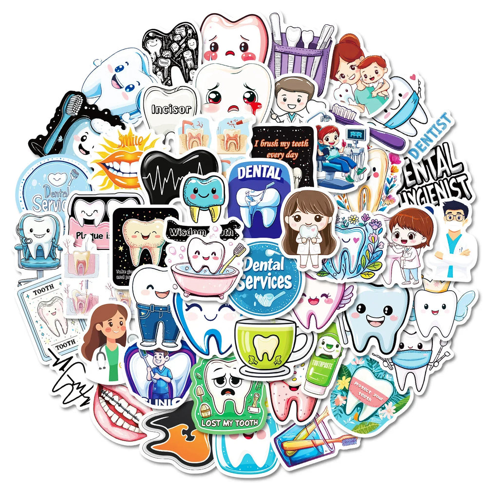 10/50pcs Cute Funny Dental Tooth Shaped Stickers Cartoon Teeth Sticker Dentist Store Toothbrush Label Decoration Dentistry Gifts (ONLINE ORDER ONLY)